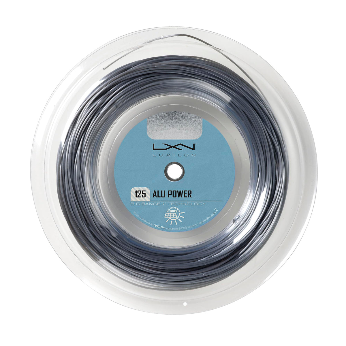 Luxilon ALU Power 125 front view showing silver reel and label for quality assurance