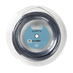 Luxilon ALU Power 125 front view showing silver reel and label for quality assurance