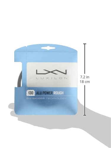 Luxilon ALU Power Rough 130 installed in racquet during play, showing hybrid setup and increased spin