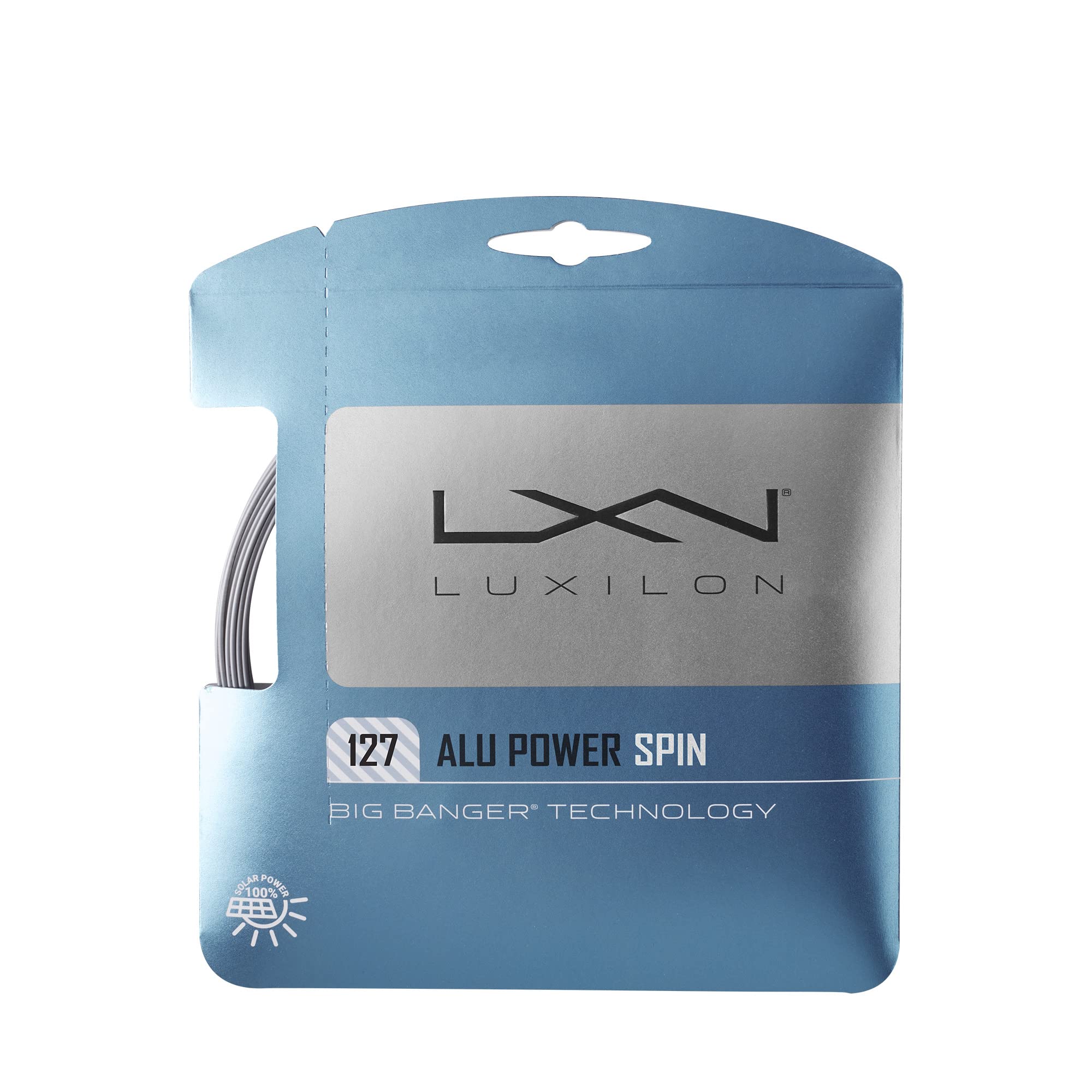 Luxilon ALU Power Spin front packaging showing set serial number and silver finish, precise quality control