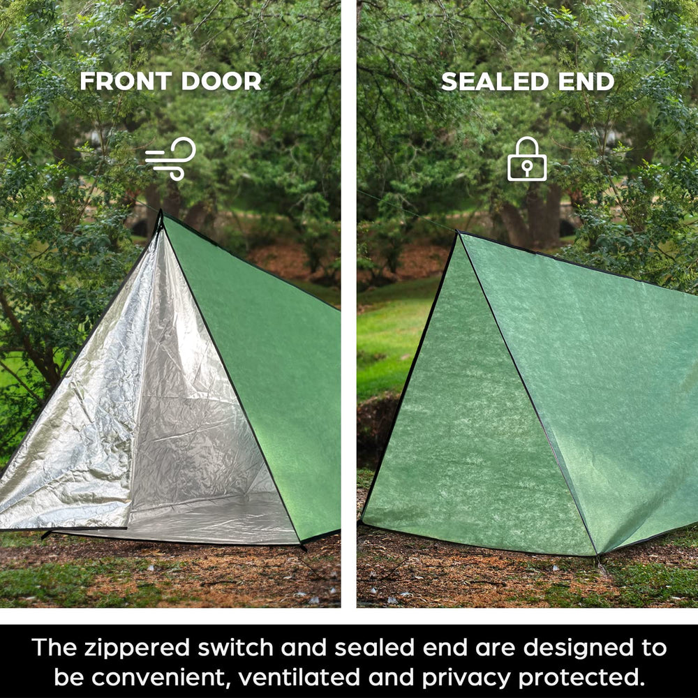 Packed LYN shelter beside a water bottle to show compact scale benefit