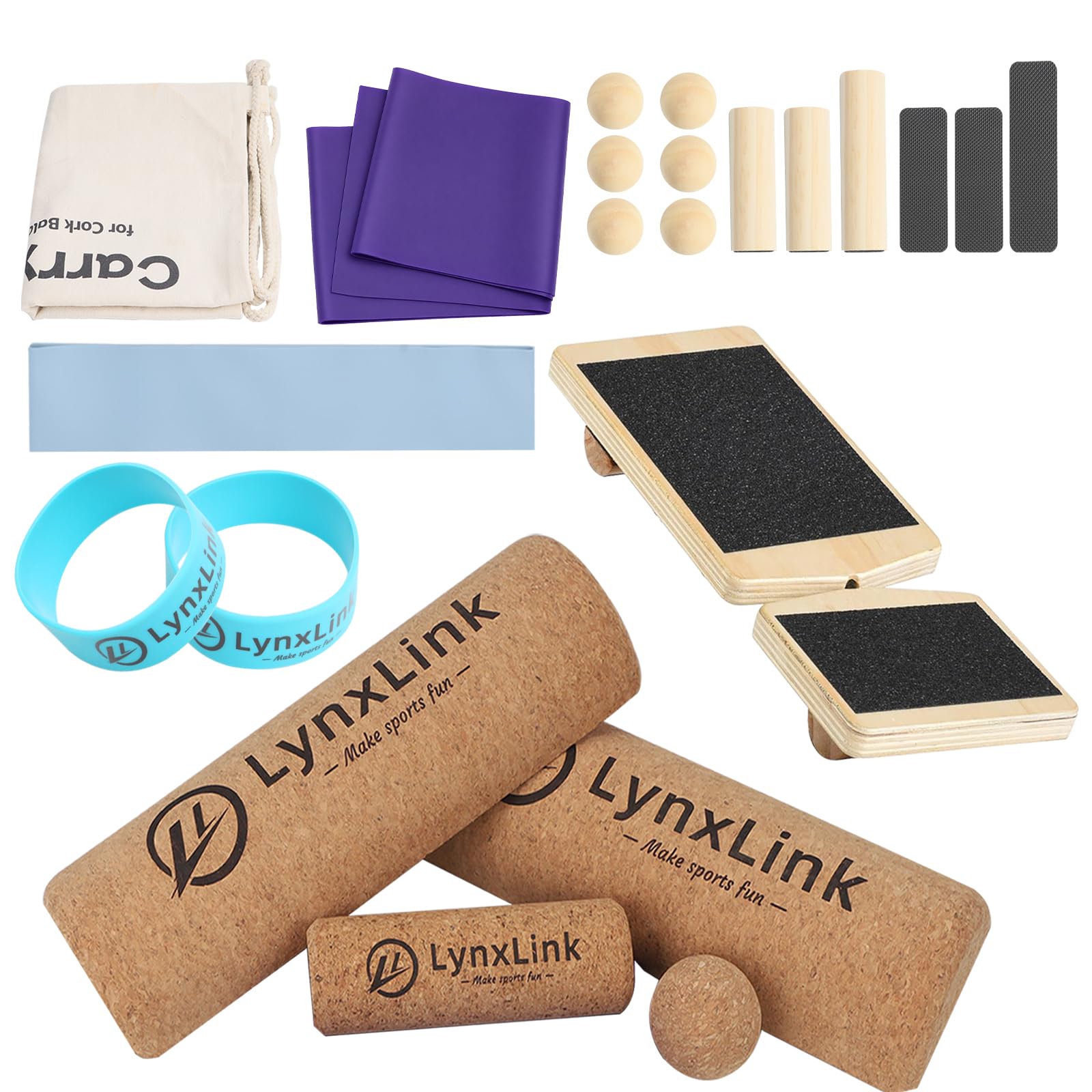 LynxLink front view showing cork balance board and wooden ankle trainer for home rehab benefits