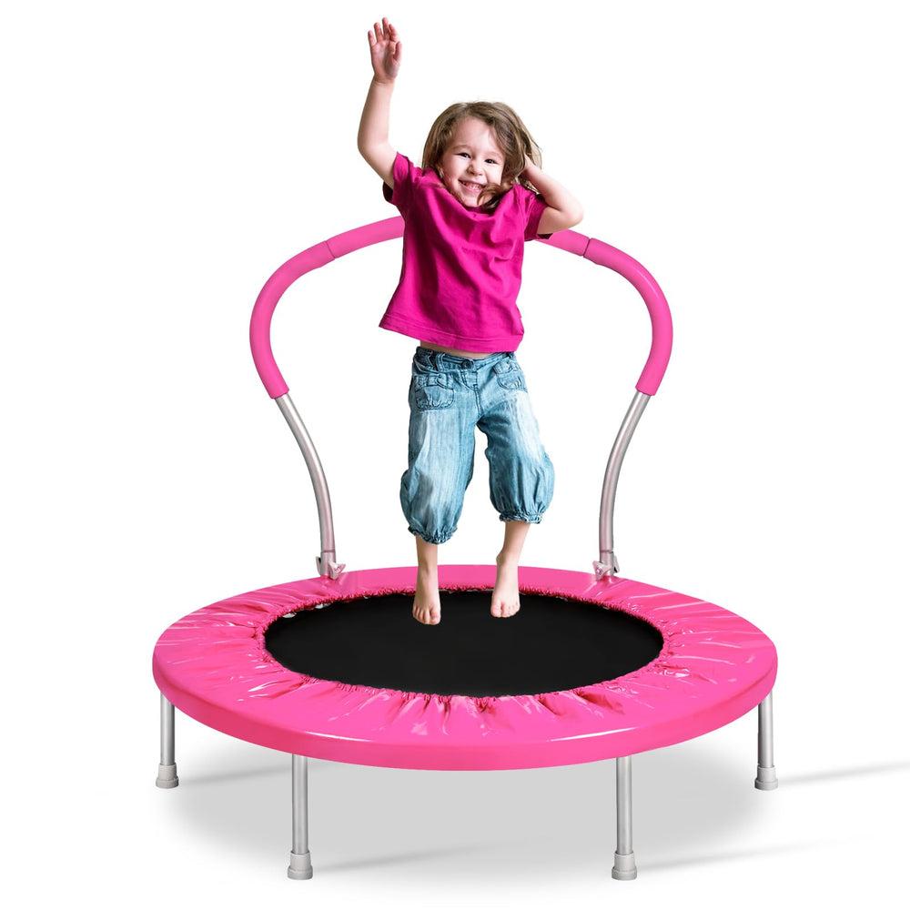 Lyromix front view of pink mini trampoline showing compact footprint and play appeal
