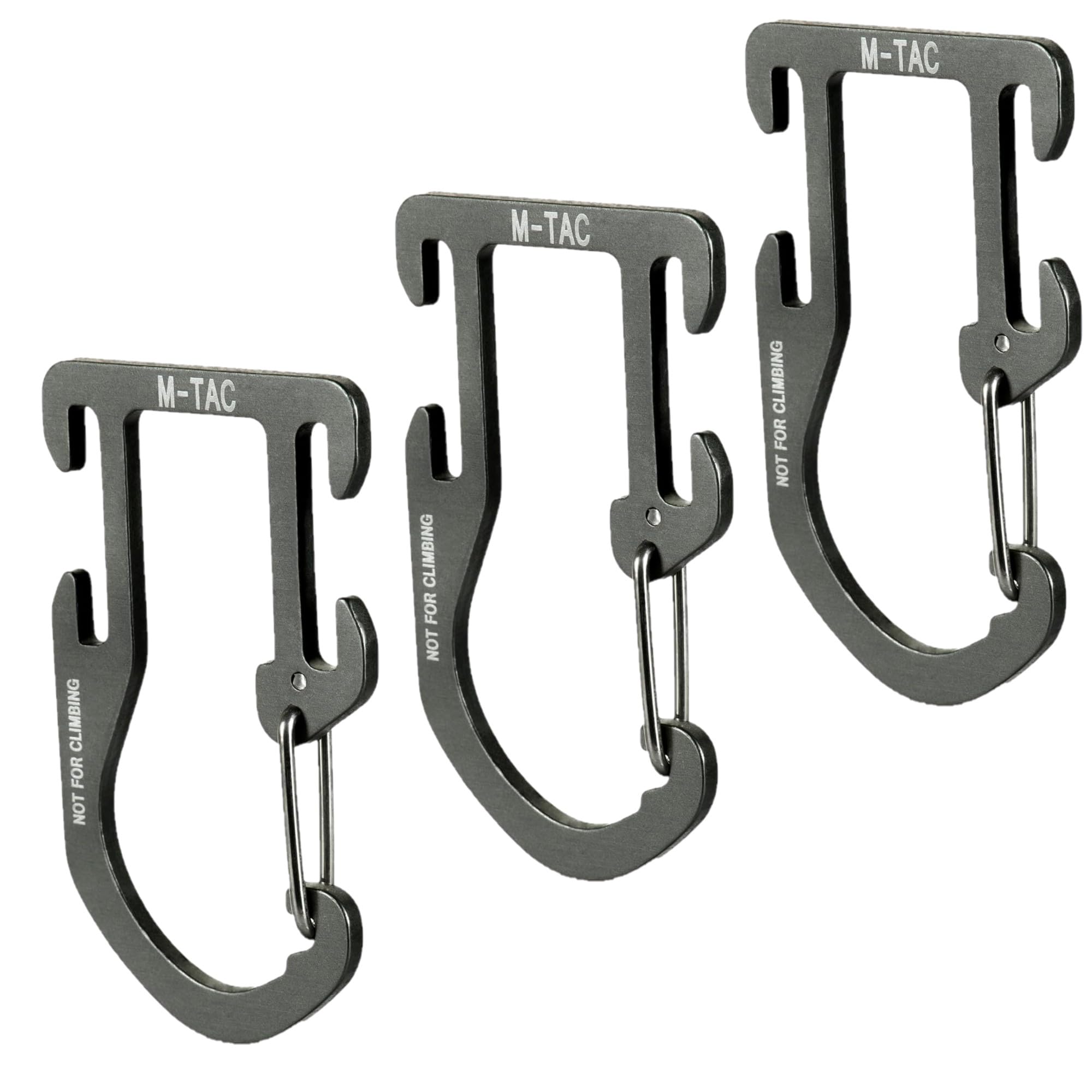 M-Tac carabiner front view showing compact shape and durable build benefit light carry