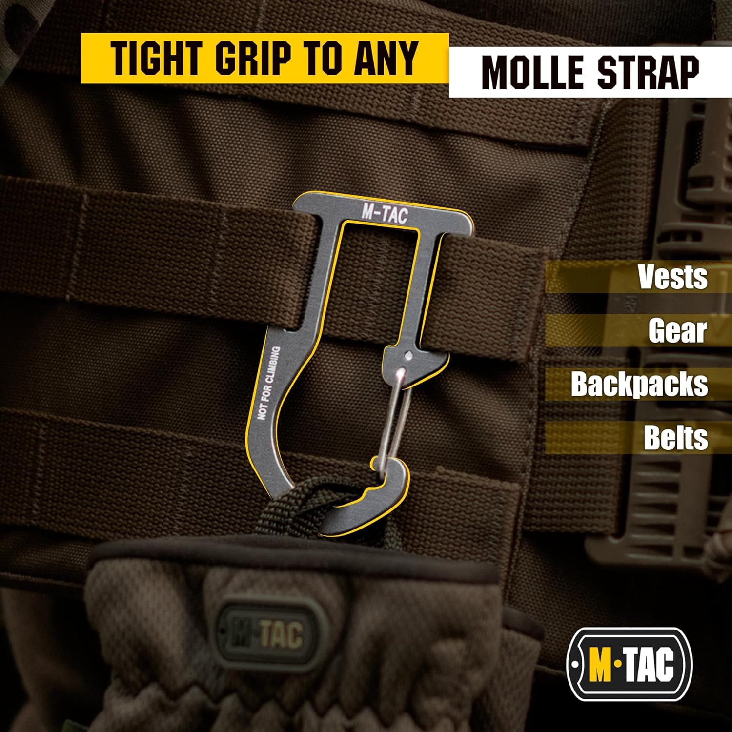 M-Tac carabiner held in hand showing size comparison and pocket-friendly benefit