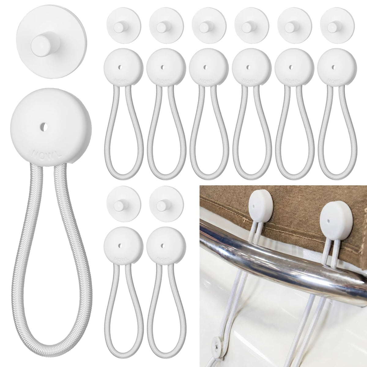 Maasechs front pack view showing ten white bungee clips and clear labeling for quick selection