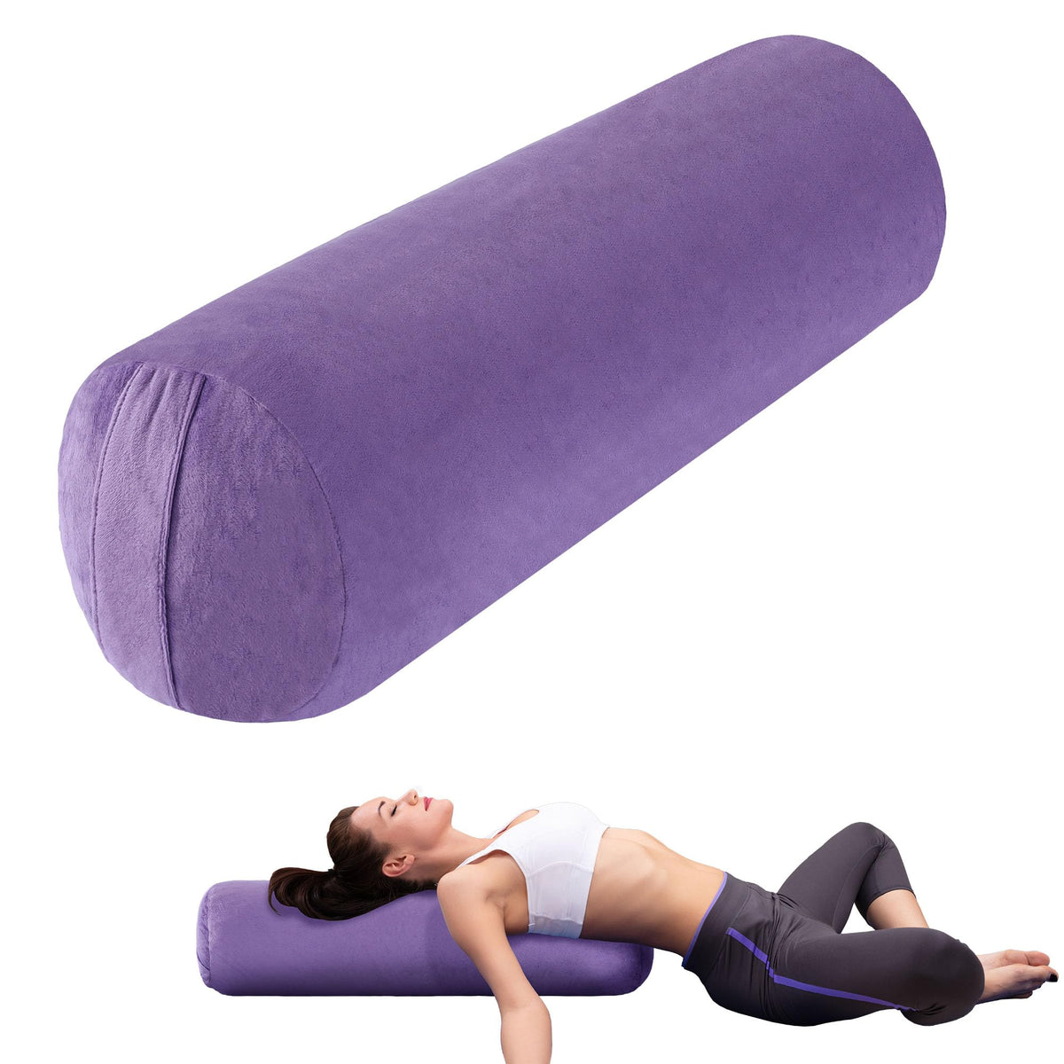 MABOZOO bolster front view showing cylindrical shape and purple cover for comfortable support