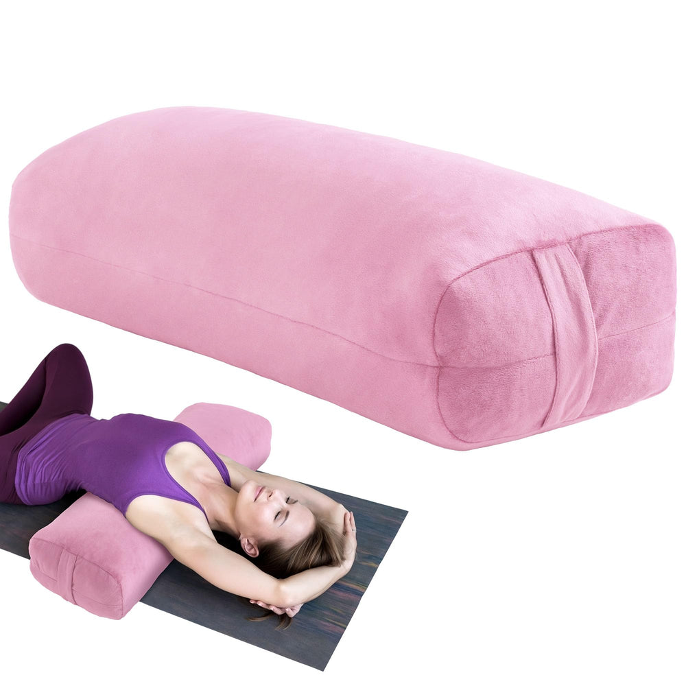 MABOZOO bolster front view showing rectangular shape and pink velvet cover, offering stable support