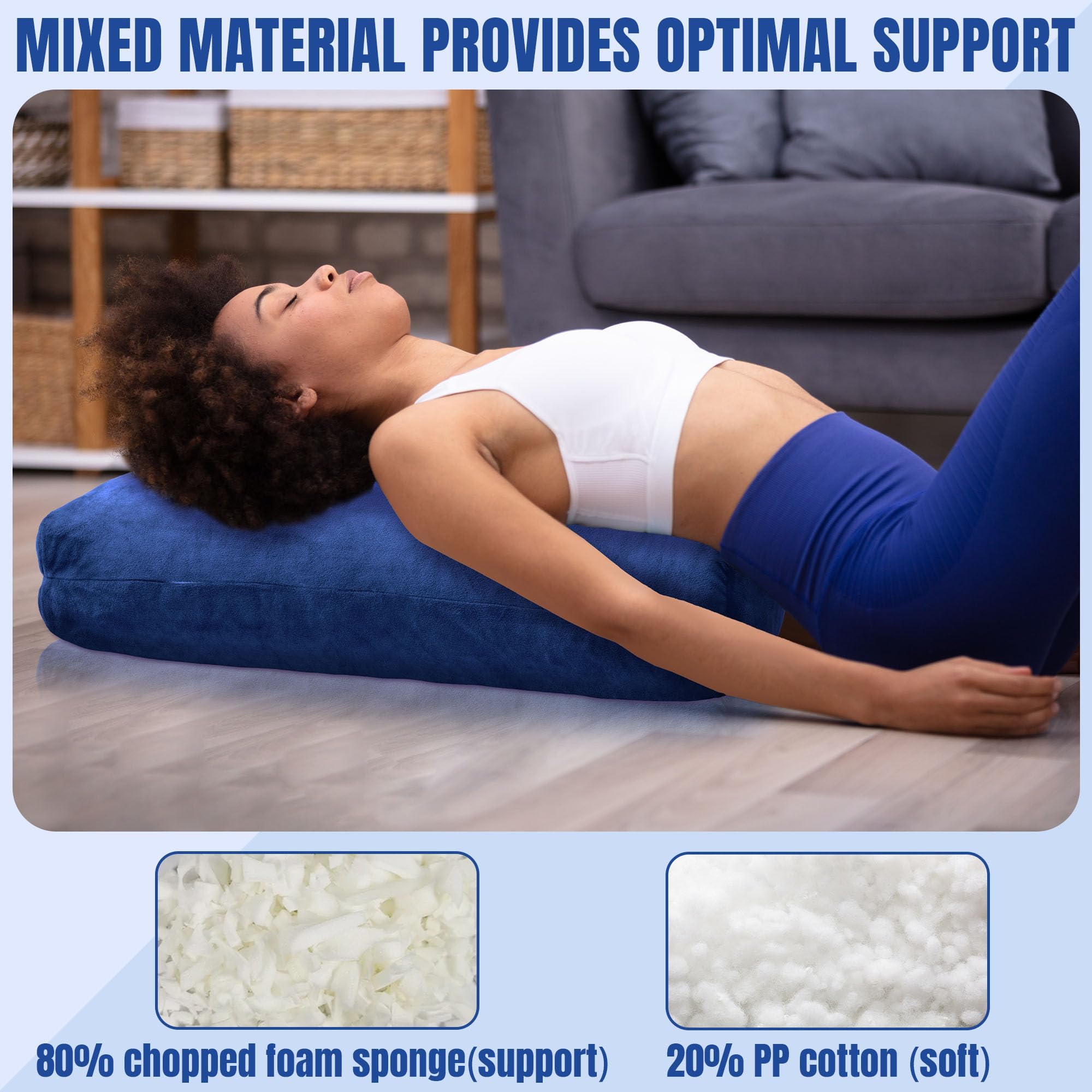 MABOZOO bolster beside a yoga mat showing compact 27×10×6 size advantage