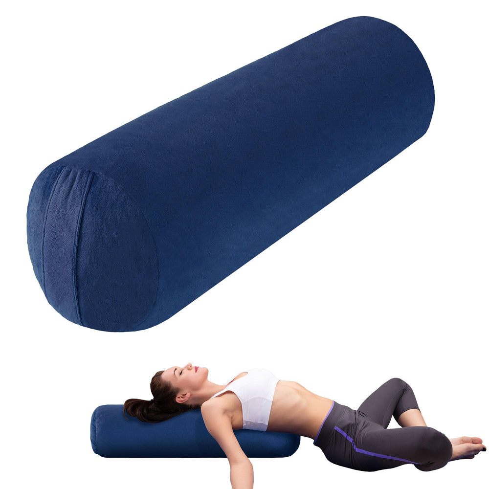 MABOZOO front view of blue round bolster showing shape and stable support