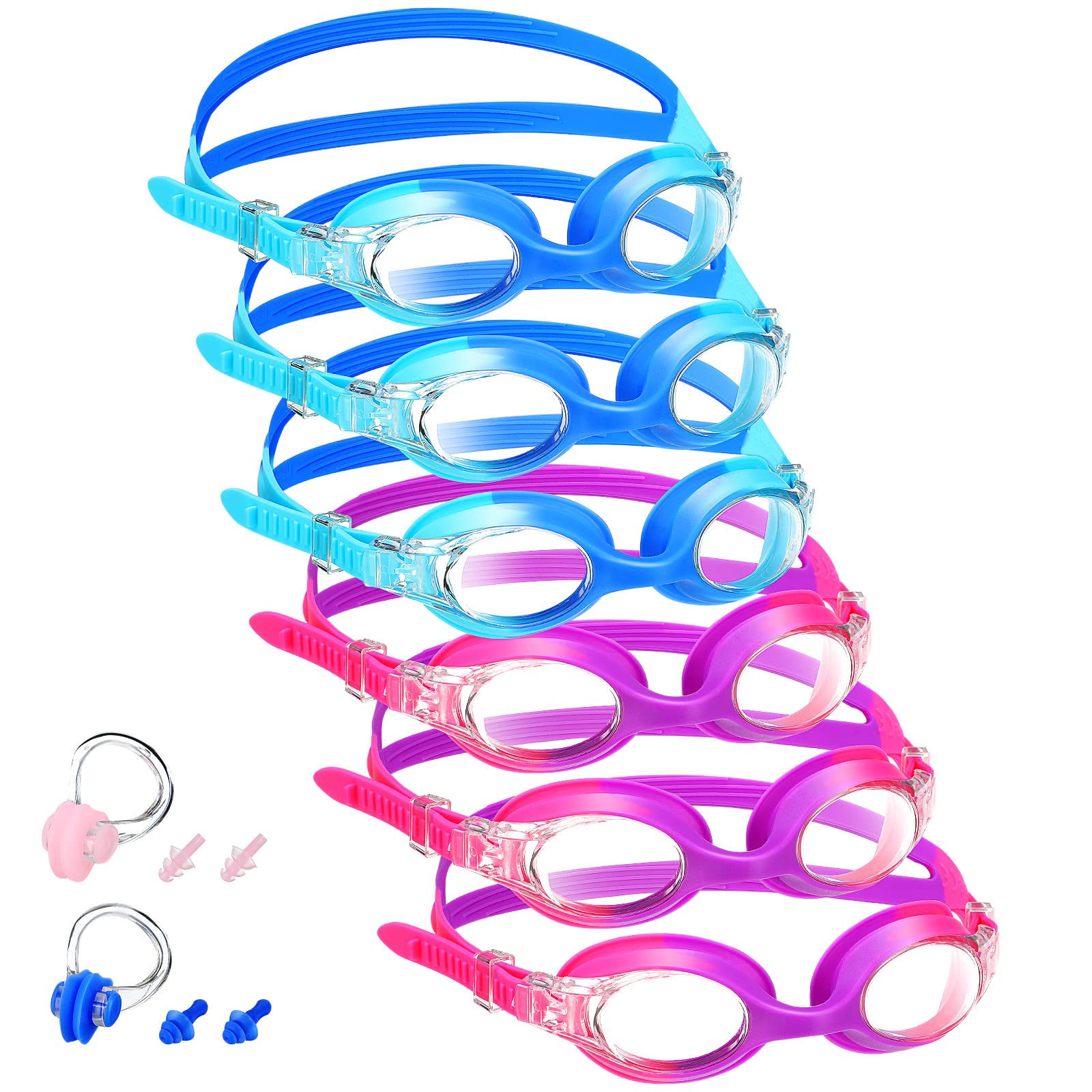 Macarrie front packaging showing six colorful kids goggles and box, organized for storage