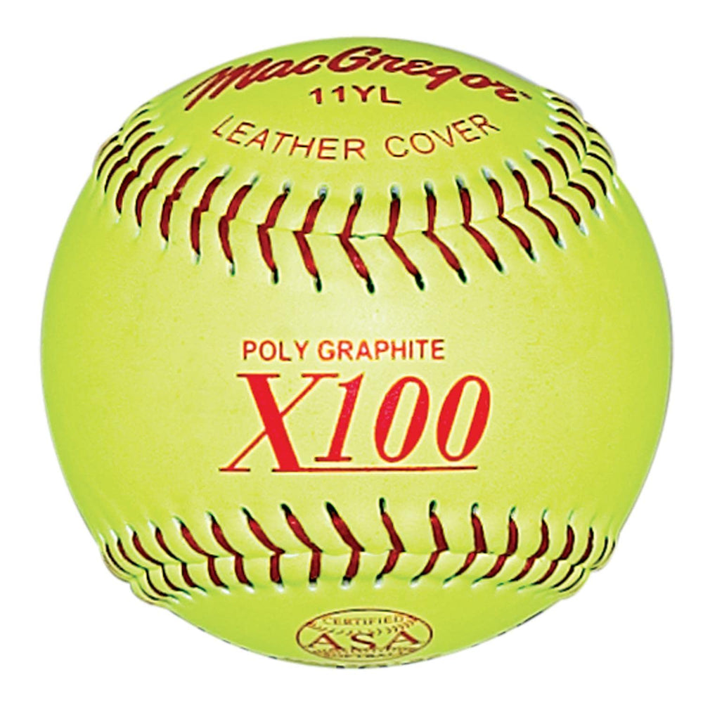 MacGregor 11" fast-pitch softball front view showing official markings and game-ready build