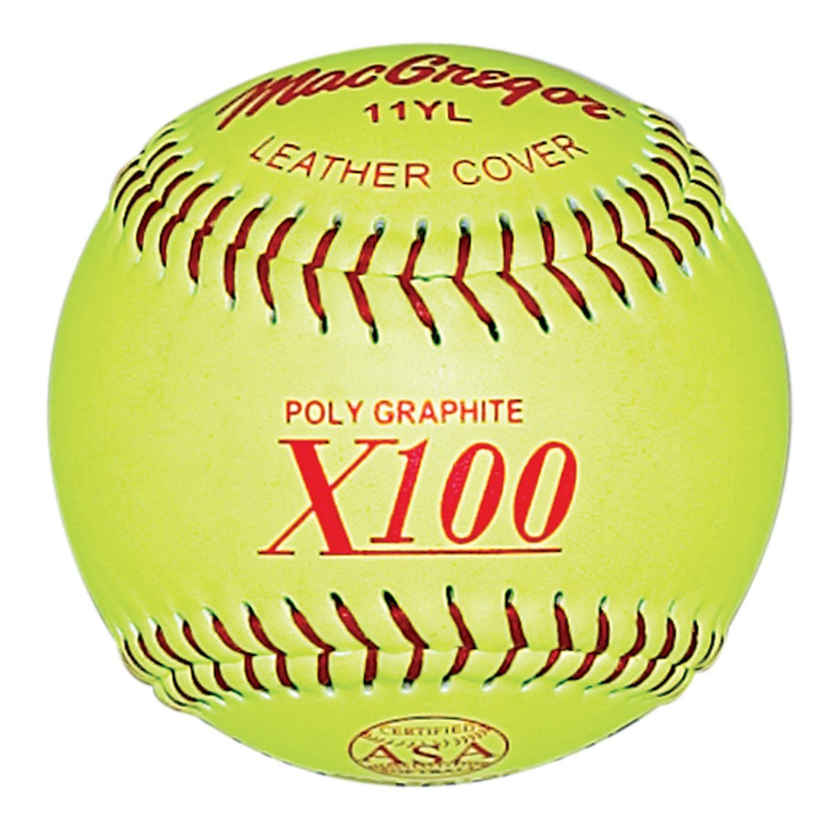 MacGregor 11" fast-pitch softball front view showing official markings and game-ready build