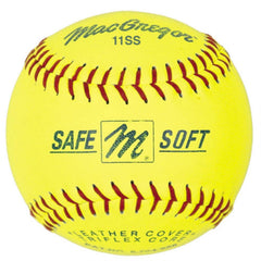 MacGregor 11-inch training softball front view showing leather cover and team-ready packaging benefit