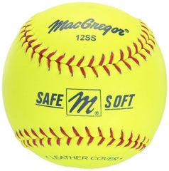 MacGregor 12-inch front view showing leather cover and red stitching, reliable game-ready ball