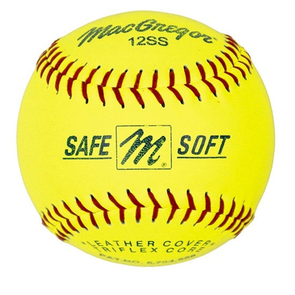 MacGregor front view of 12-inch training softball showing leather cover benefit