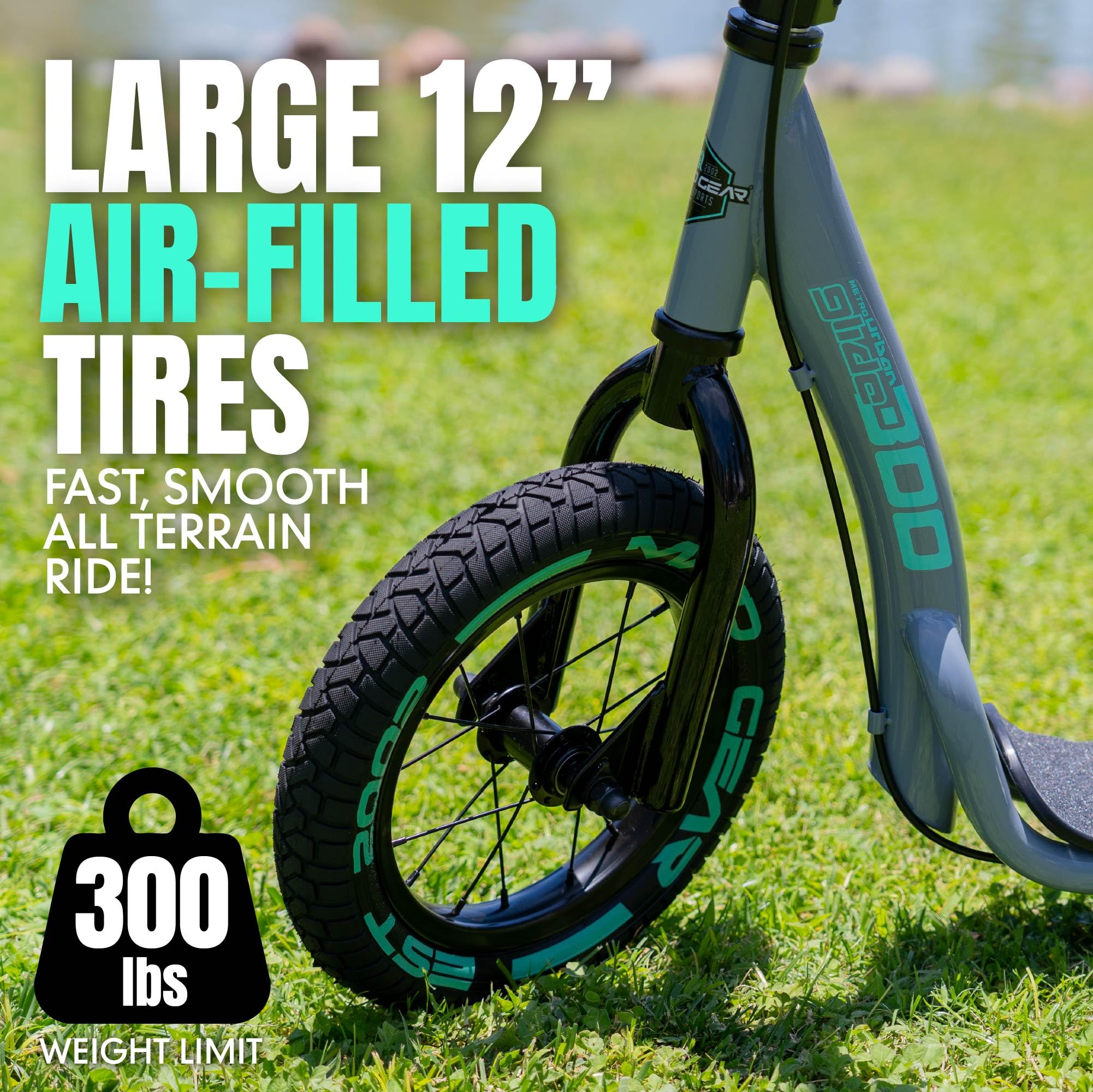 Madd Gear close-up of 12-inch air-filled tire and spoked rim for smoother ride