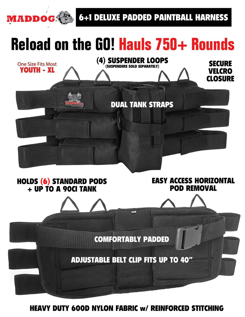 Maddog 6+1 harness with six pods showing convenient ammo storage for extended games