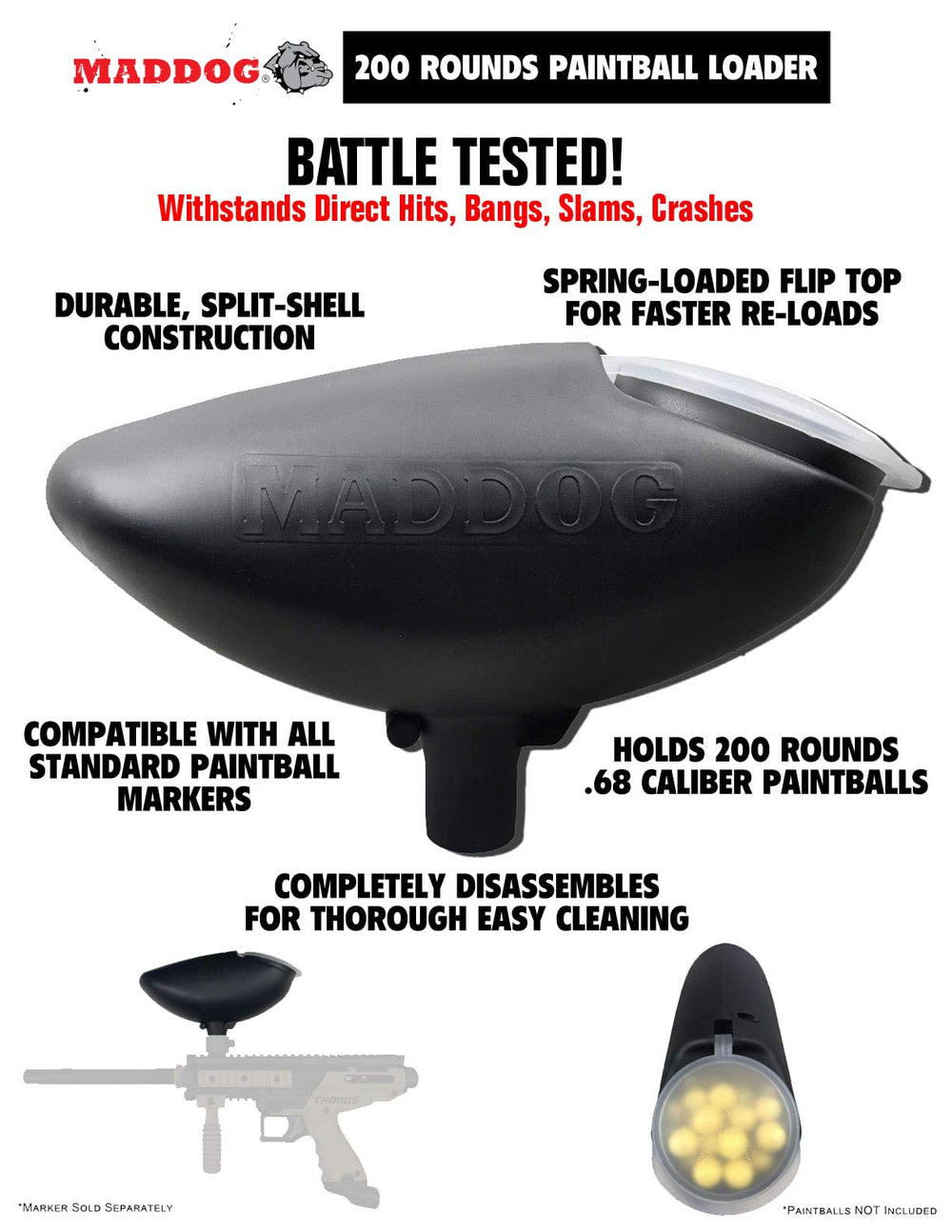 Maddog Cronus 200-round hopper and feeder demonstrating extended play capacity