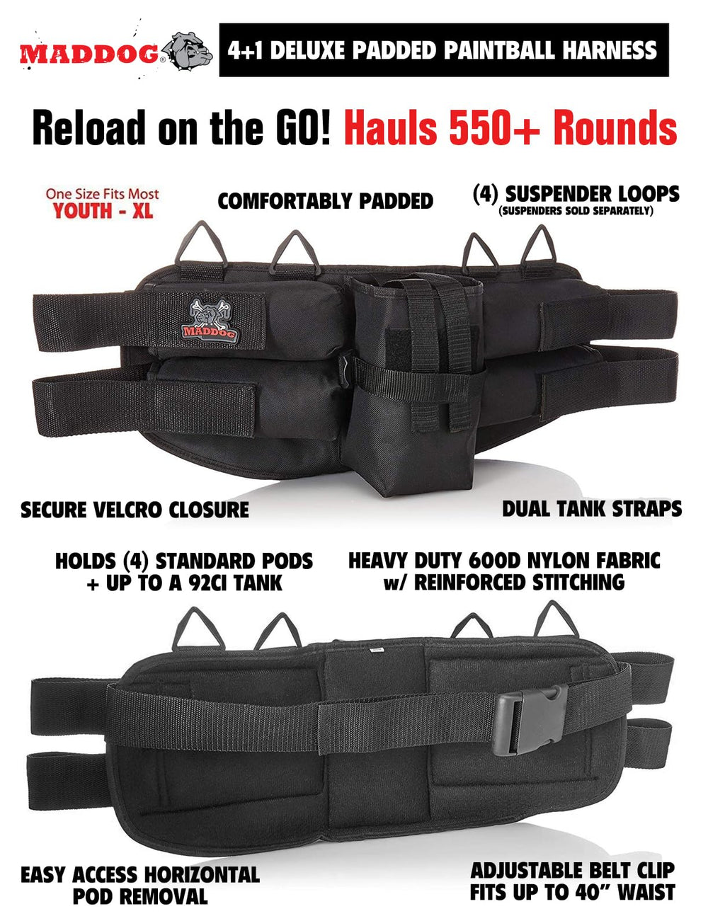 Maddog Cronus Tactical harness and pods arranged showing easy reload capacity benefit