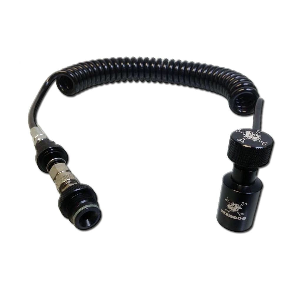 Maddog remote coil front view showing compact coiled hose and fittings for easy transport