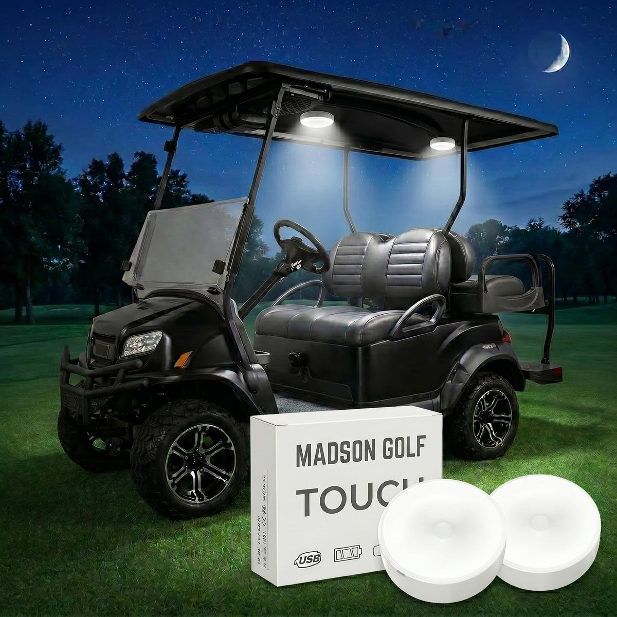 MADSON GOLF front packaging showing two puck lights and accessories for quick setup