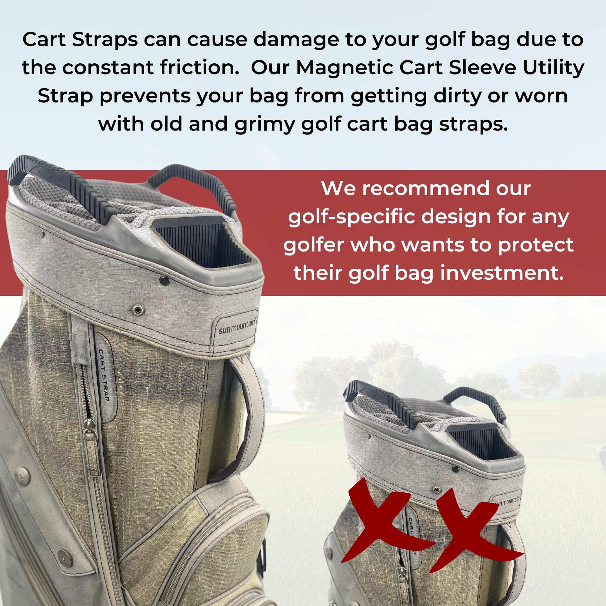 MADSON GOLF sleeve installed on cart strap for easy-access convenience