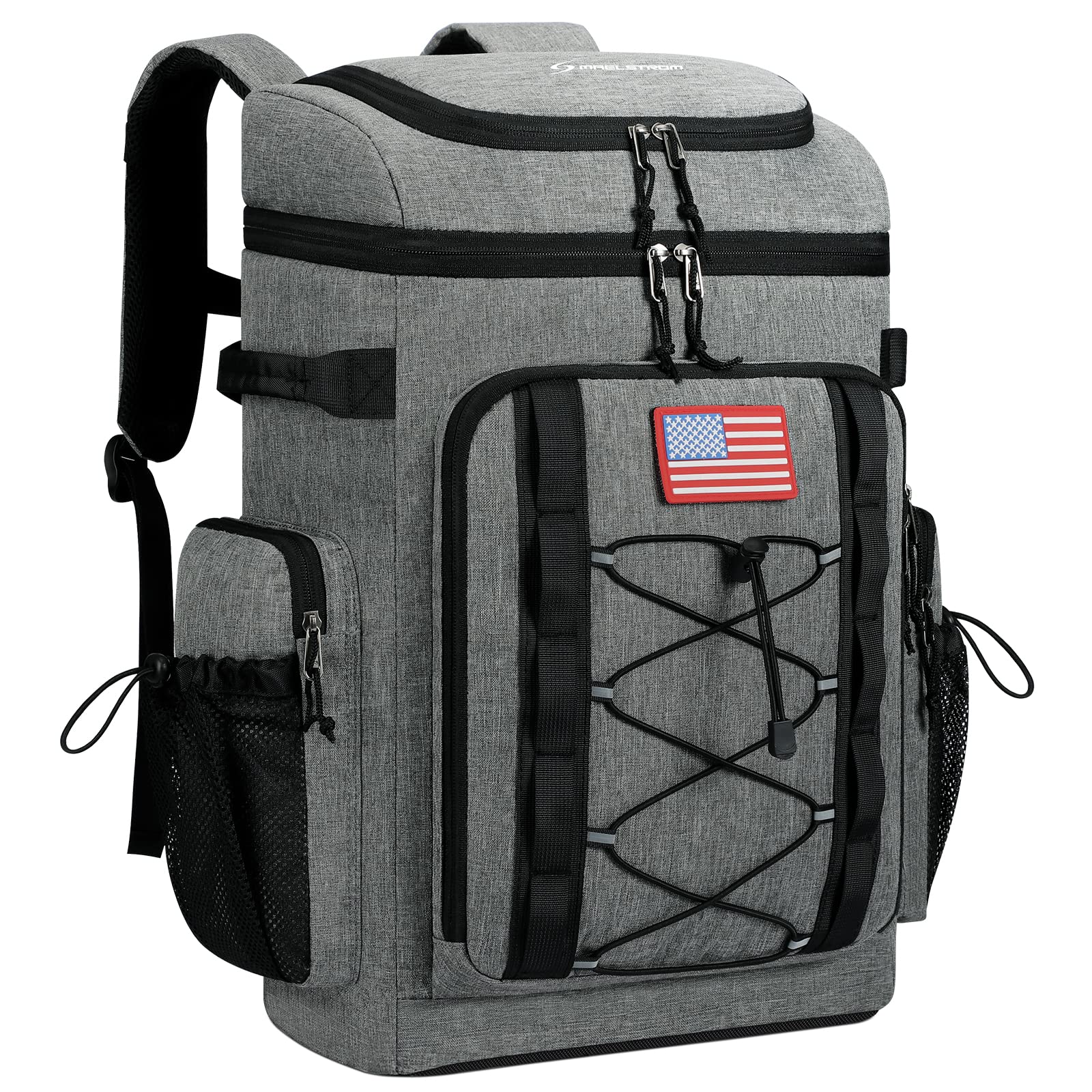 Maelstrom grey cooler backpack front view showing pockets and size benefit