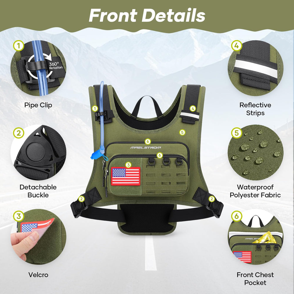Maelstrom vest rear view with helmet clip for hands-free transport benefit