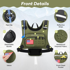 Maelstrom vest rear view with helmet clip for hands-free transport benefit