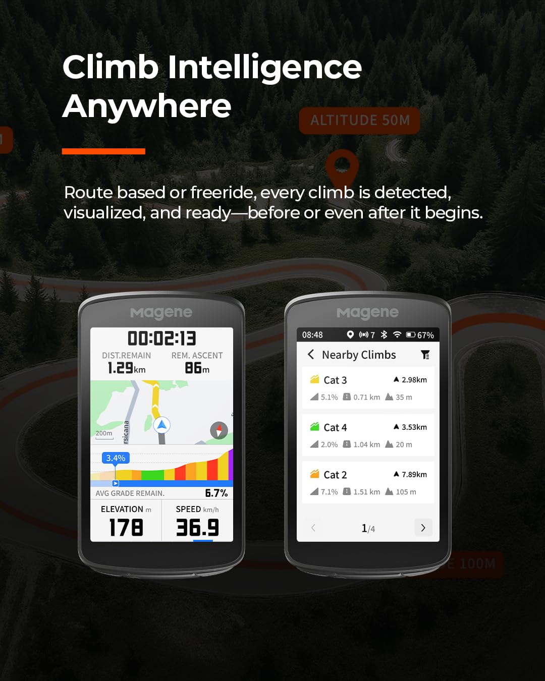 Magene closeup map navigation screen showing turn prompts for confident route following