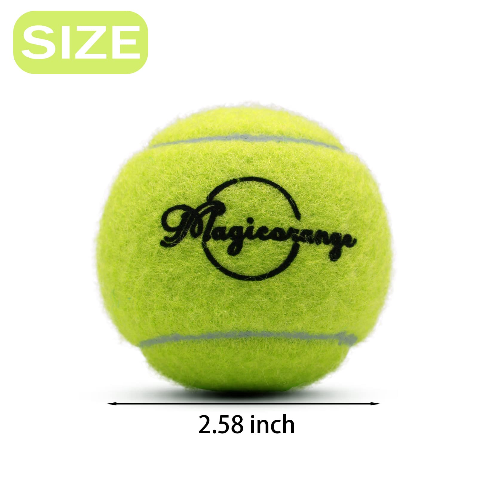 Magicorange tennis ball in hand showing standard 2.58-inch size
