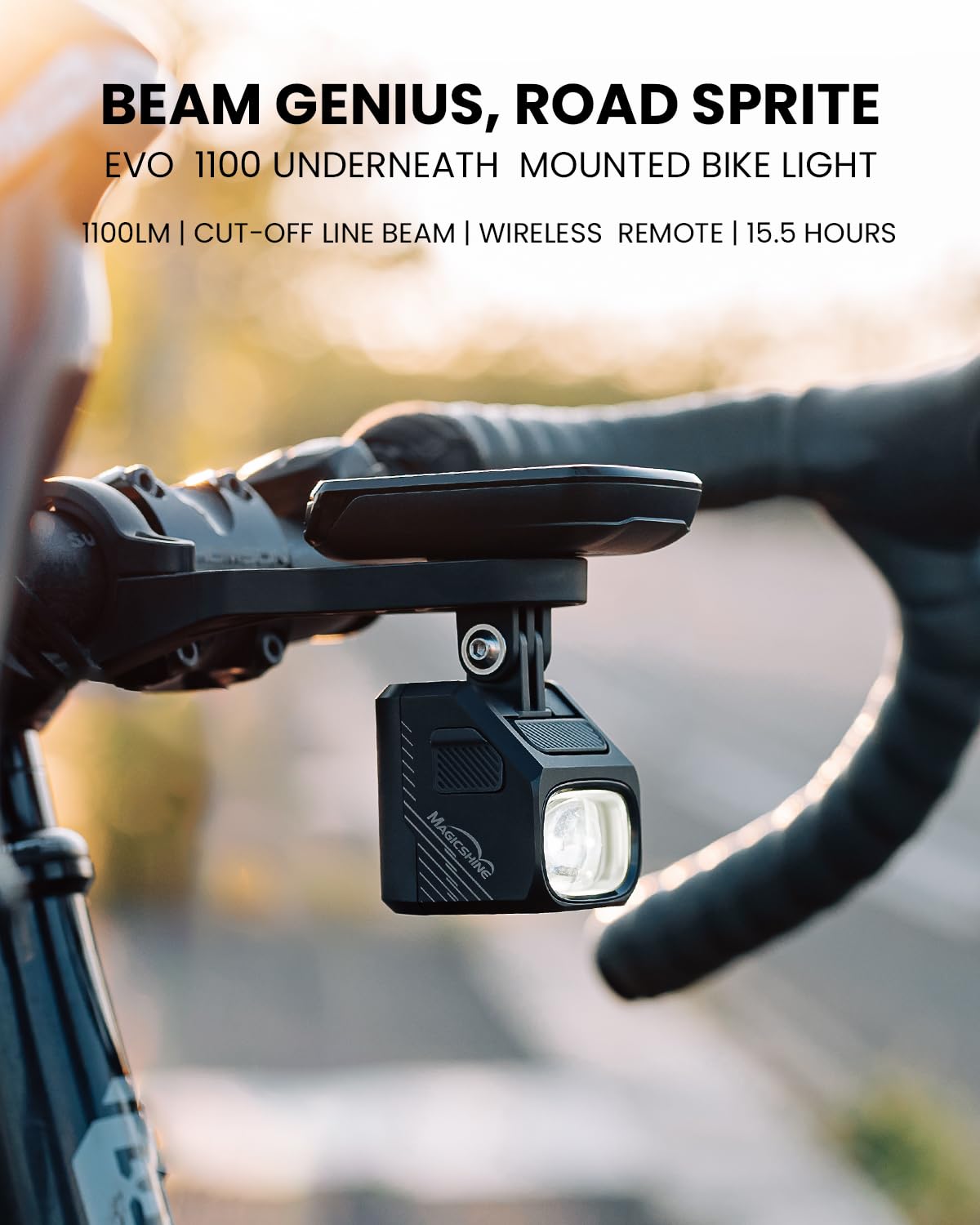 Magicshine EVO 1100 cut-off beam pattern illuminating road without glare