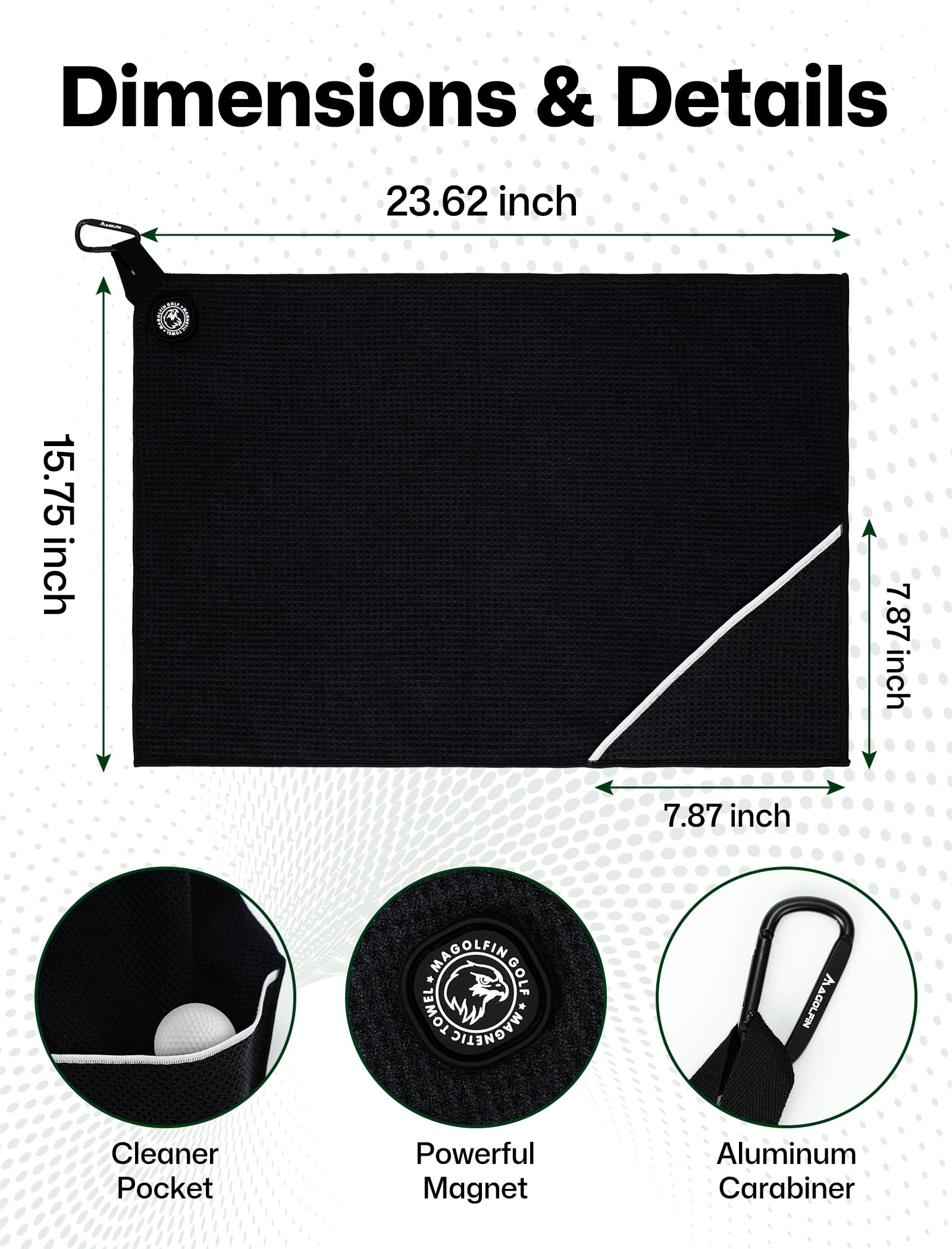 MAGOLFIN towel hanging on a golf cart hook to prevent ground contact and keep towel clean