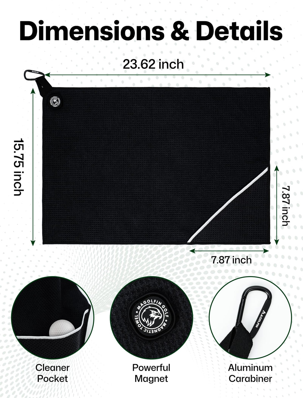 MAGOLFIN towel hanging on a golf cart hook to prevent ground contact and keep towel clean