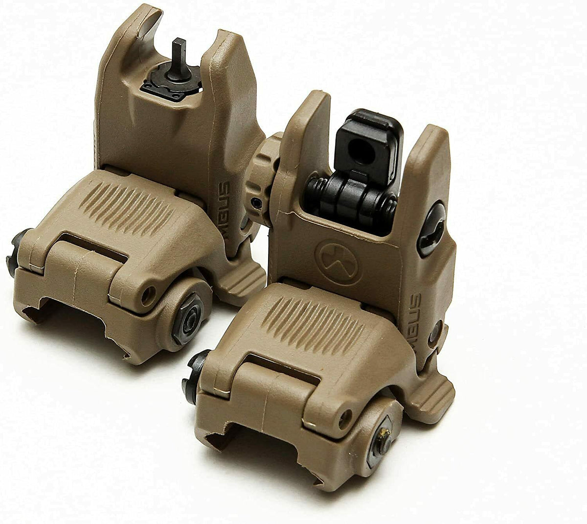 Magpul MBUS front and rear sights mounted, durable FDE backup aiming