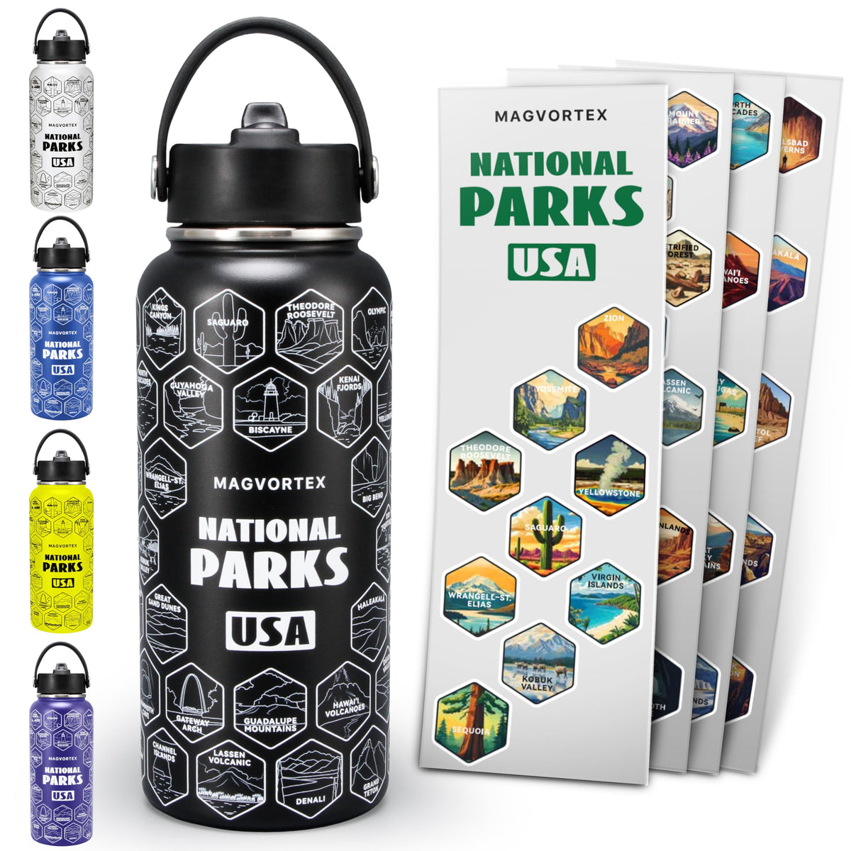 MAGVORTEX front view of bottle showing sticker designs and durable finish