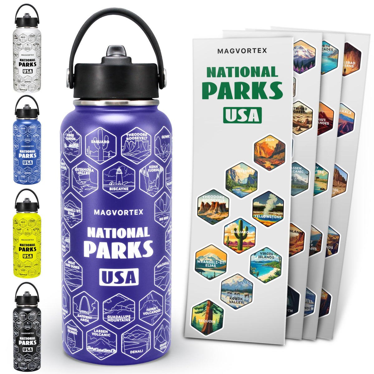 MAGVORTEX purple bottle front view showing branding and sticker set benefit