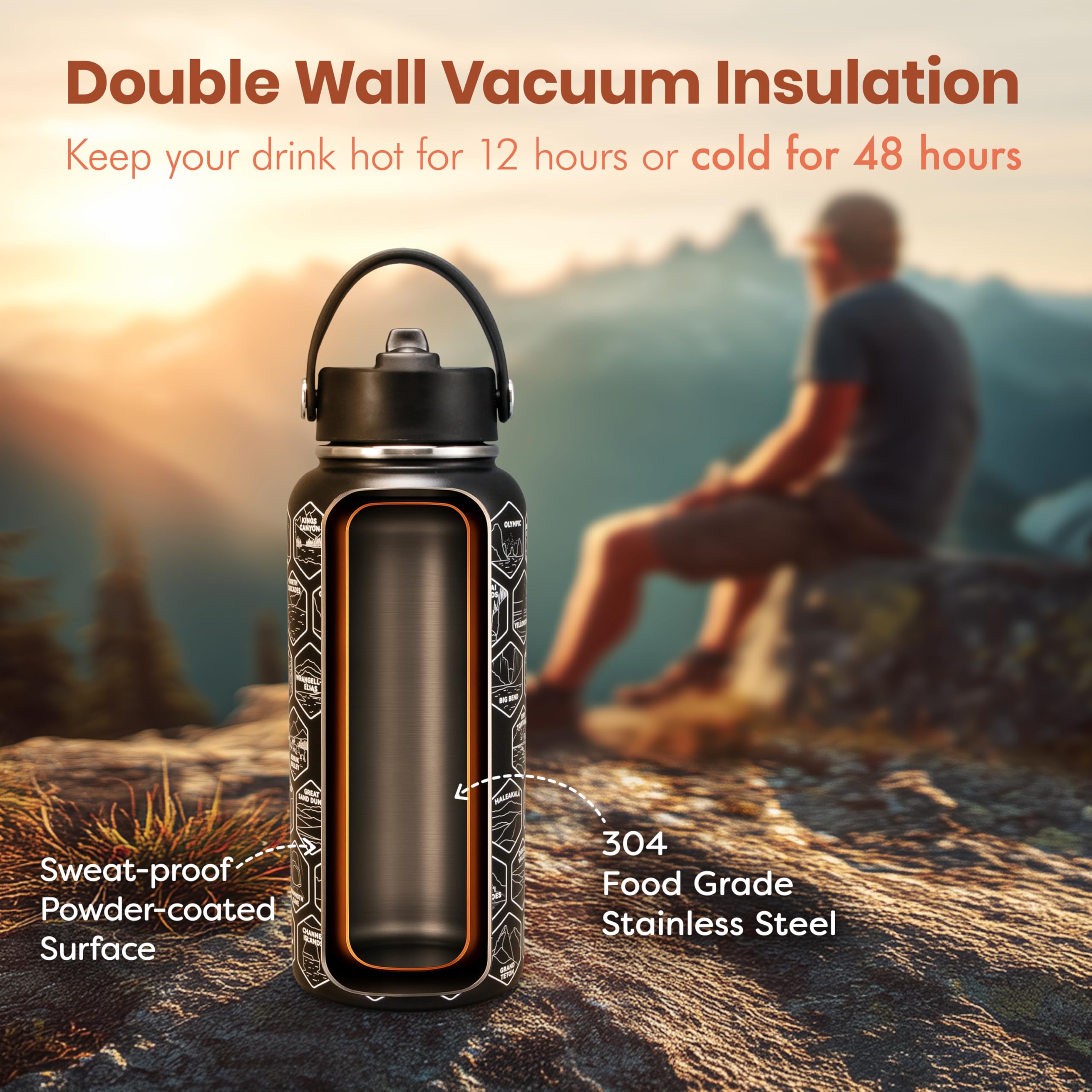 MAGVORTEX 32oz bottle beside backpack showing real-world size and portability