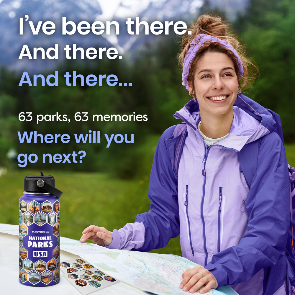 MAGVORTEX waterproof National Parks stickers on bottle for adventure tracking