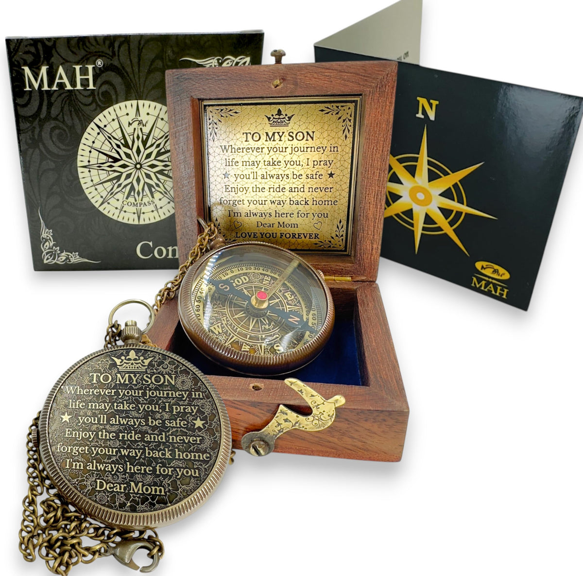 MAH brass compass front view showing classic finish and readable dial benefit