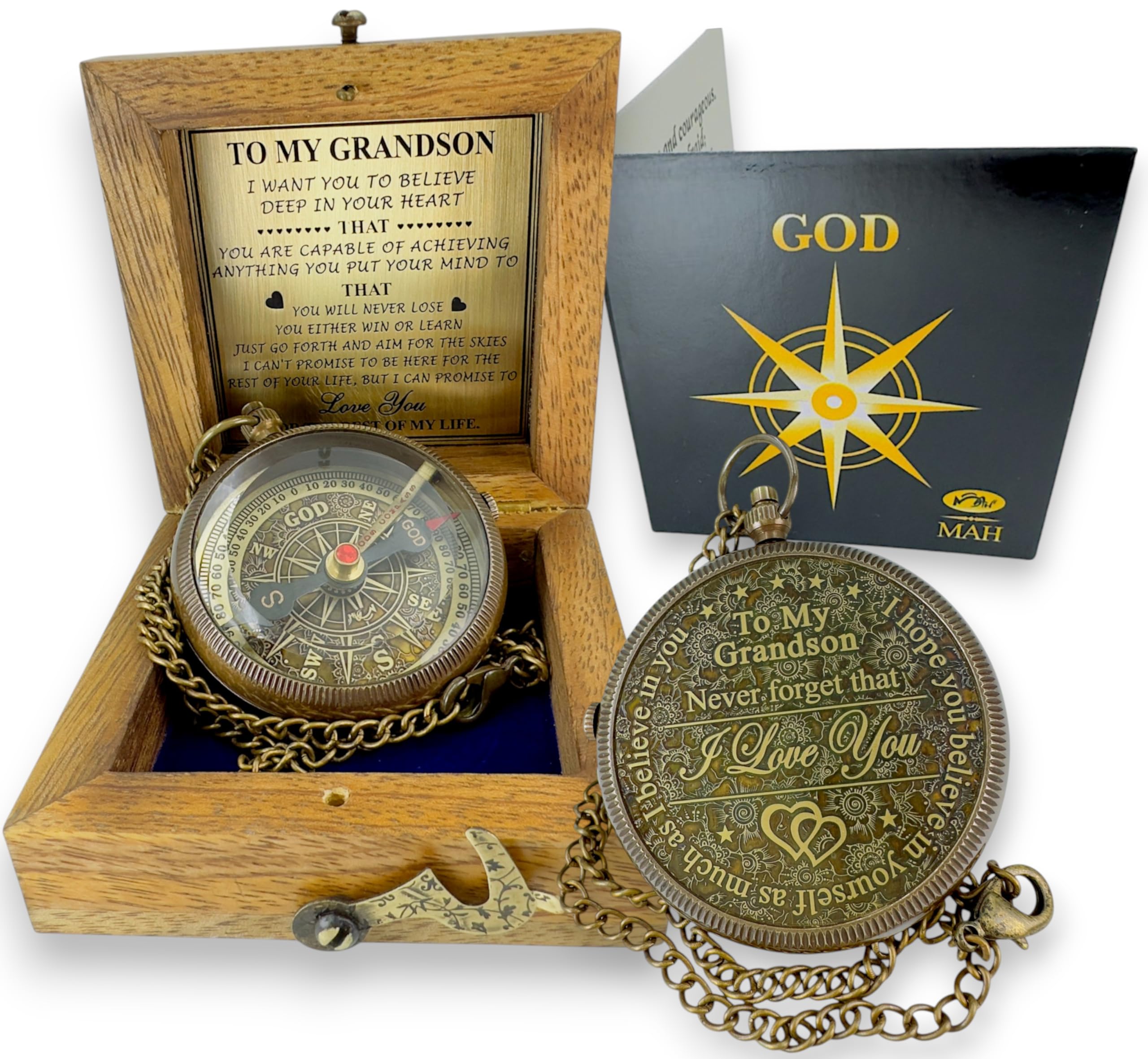 MAH brass compass front view showing sentimental inscription and elegant finish
