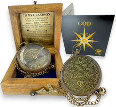 MAH brass compass front view showing sentimental inscription and elegant finish