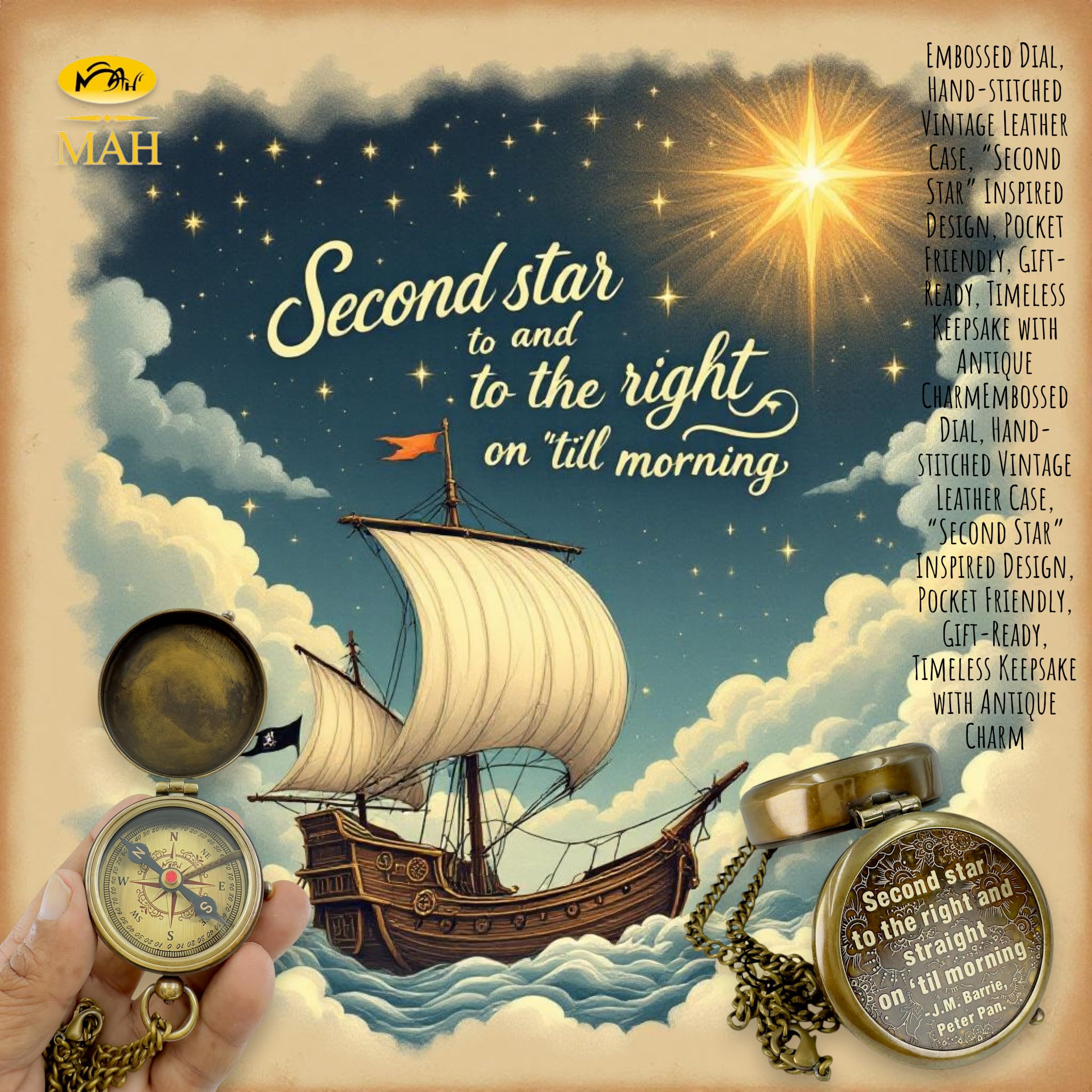 MAH embossed dial close-up highlighting 'Second star to the right' sentiment