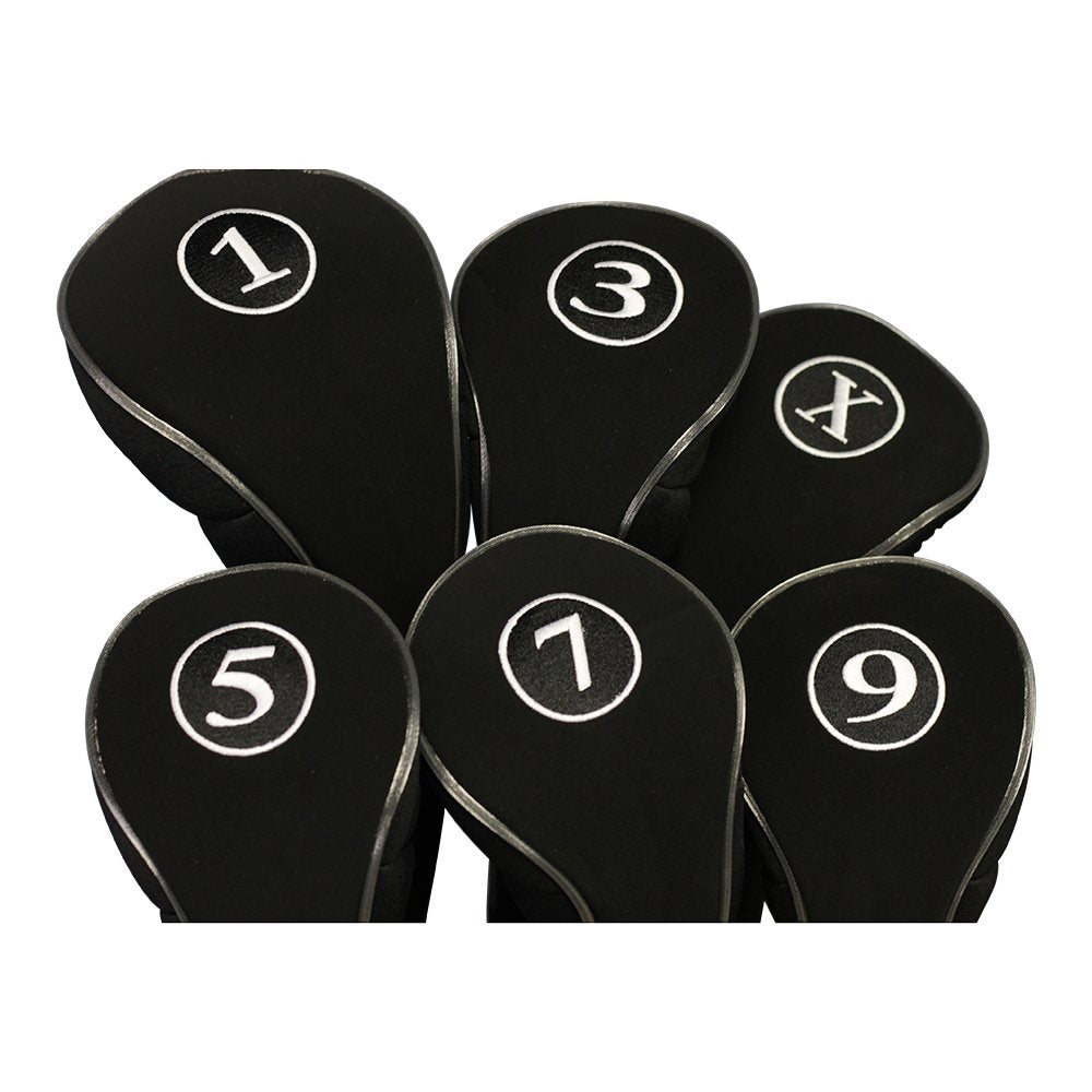 Majek front view of black headcovers showing numbers and zip closure for easy identification