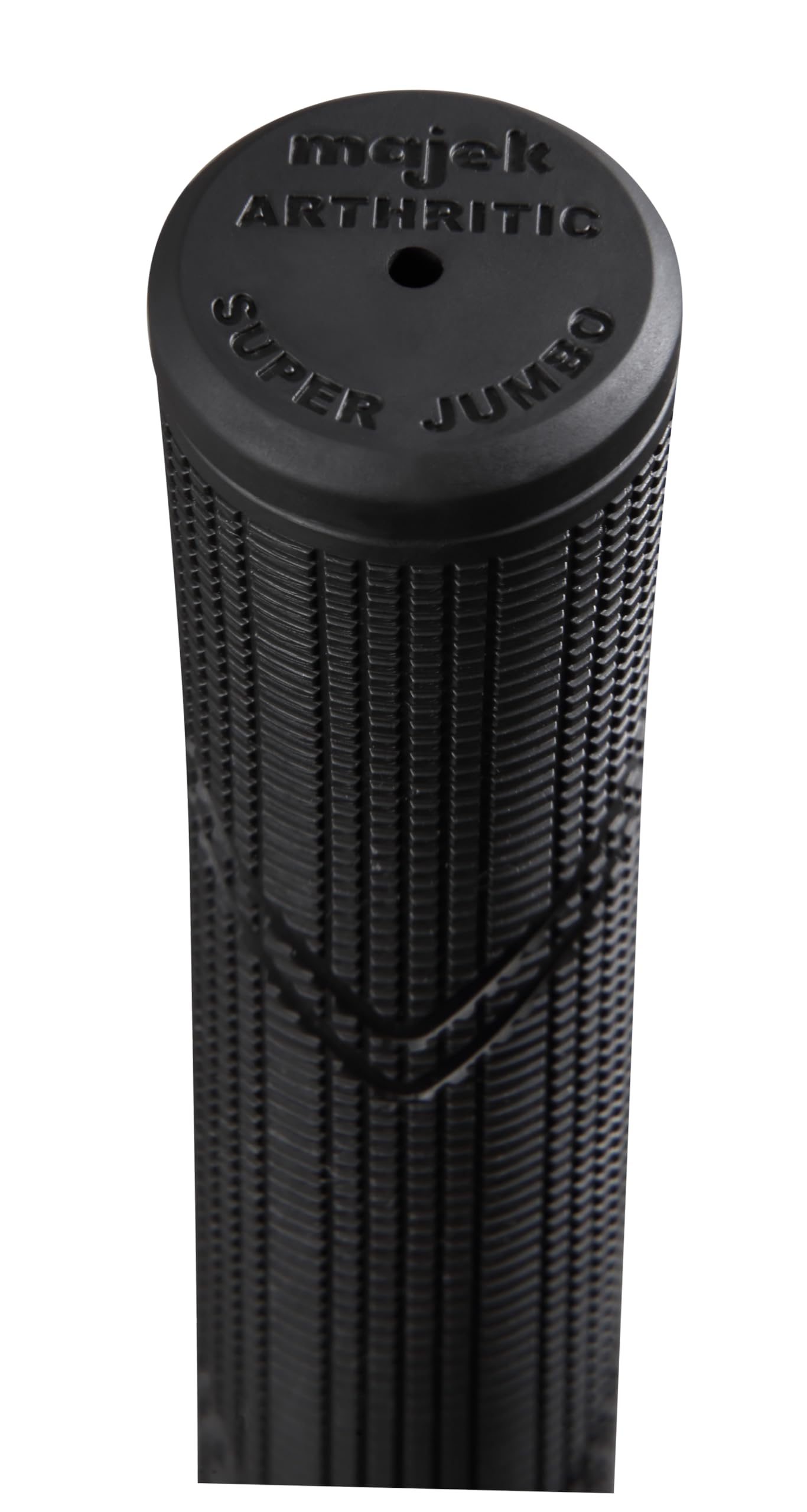 Majek grip placed next to a ruler to show extra-large diameter for comparison with standard grips