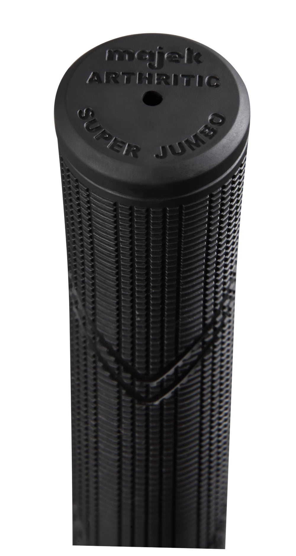 Majek grip placed next to a ruler to show extra-large diameter for comparison with standard grips