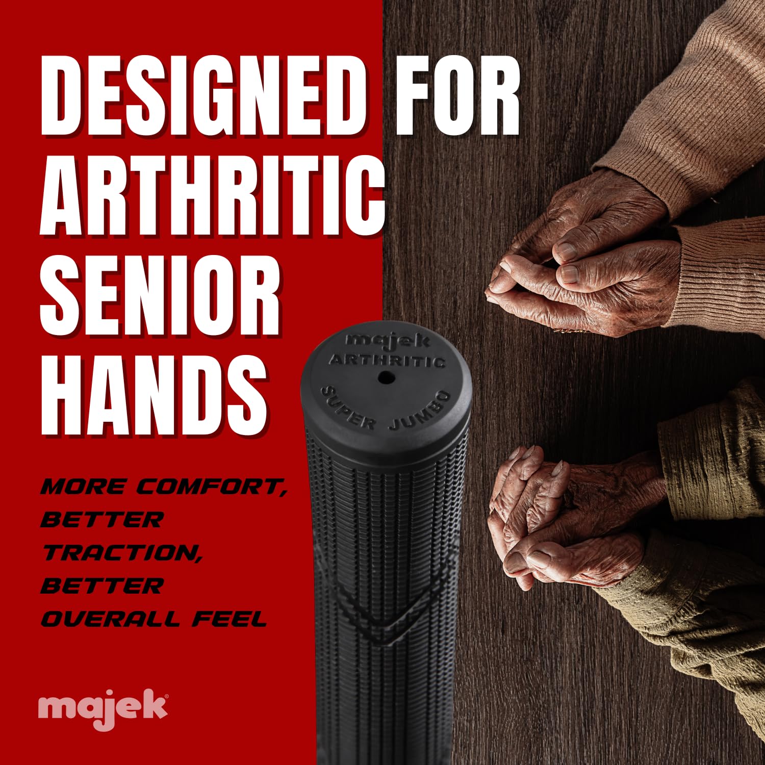 Majek grip endcap and weight detail illustrating 87 grams per grip for balanced club feel