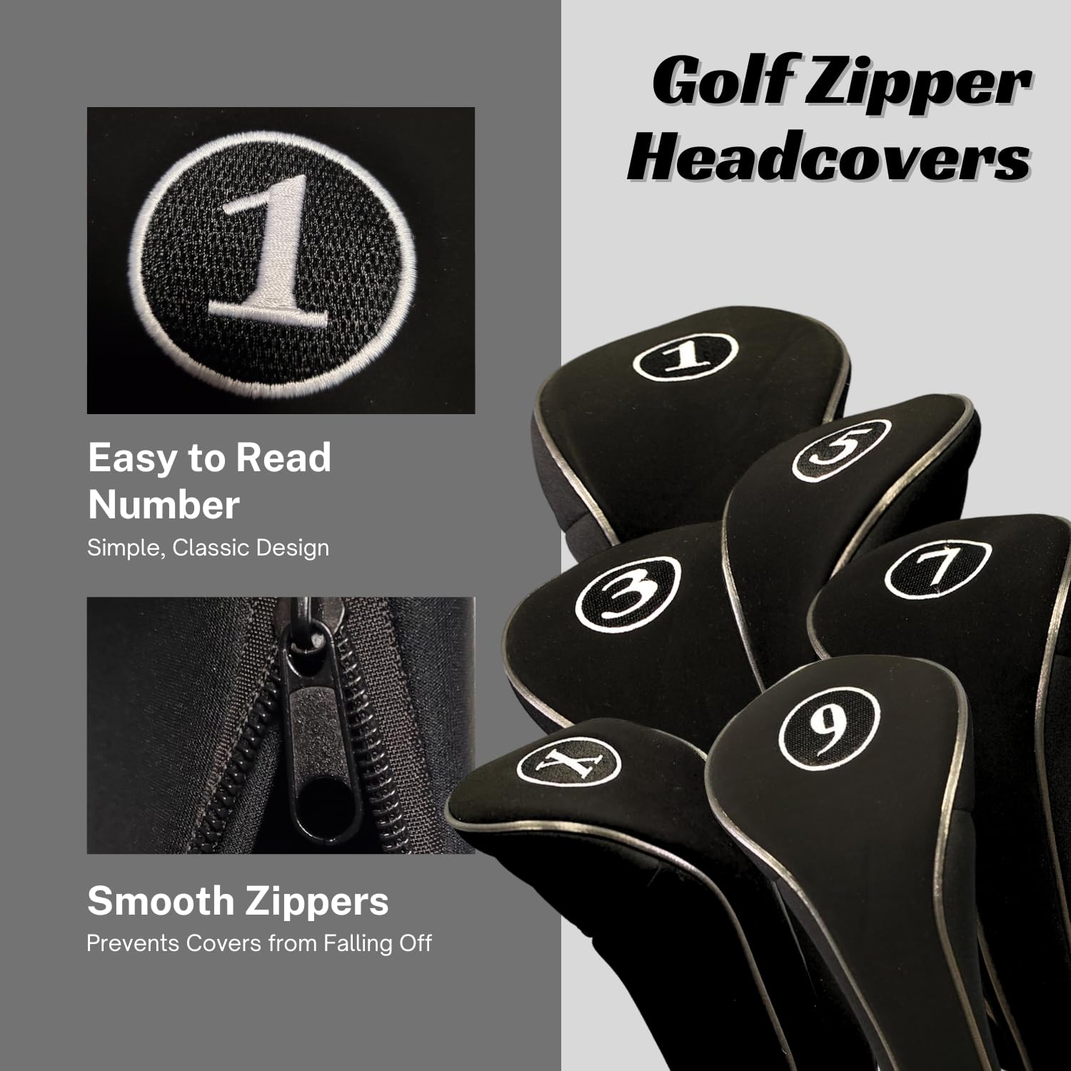 Majek zipper detail with sewn numbers showing secure closure and quick club selection
