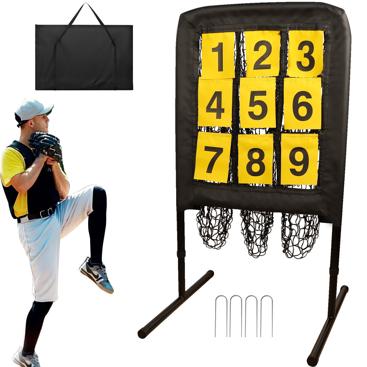 Malletra front view of 9-hole pitching net showing target and pockets for precise practice